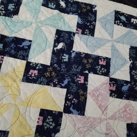 Wall Quilt 38" Square Dragons Castles Pinwheel Pink Blue Floral Hearts Baby Room - Picture 5 of 11